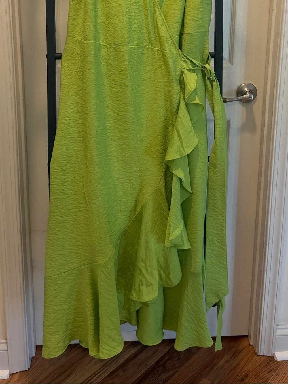 Lime Green Wrap Dress with Ruffle Side Tie Beach Vacation Dress Wedding Guess - Picture 8 of 16